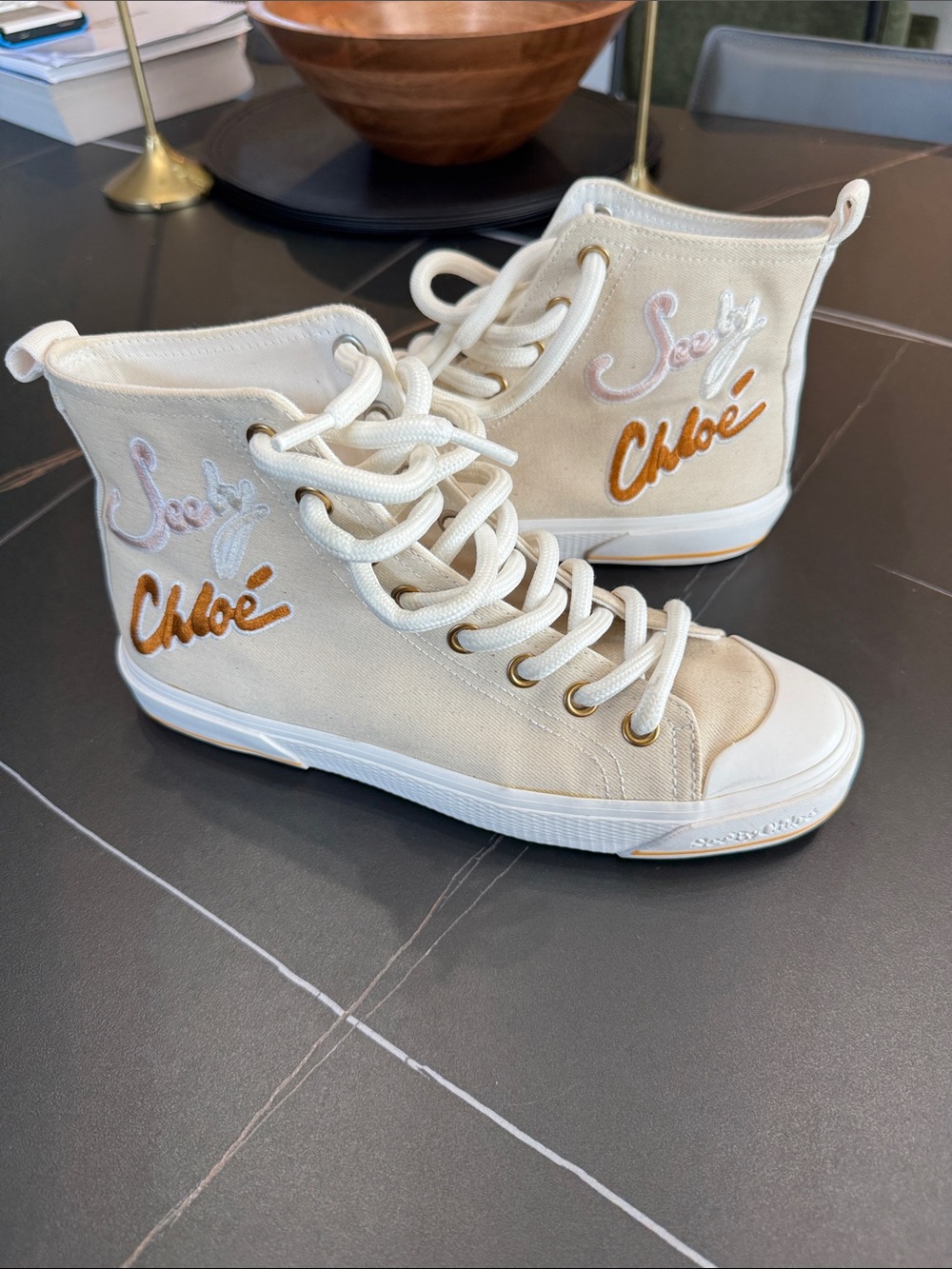See By Chloé Cream High-Top Canvas Sneakers with Gold Script - Picture 3 of 12
